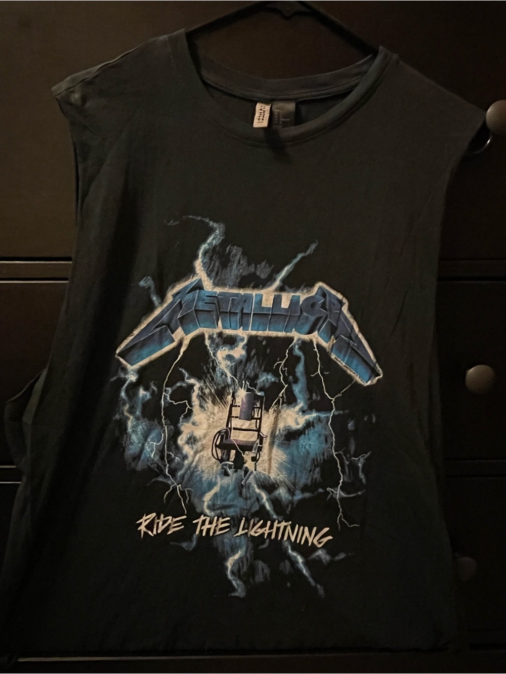 H&M Black Tank Top with Blue and White Metallica Ride The Lightning Graphic